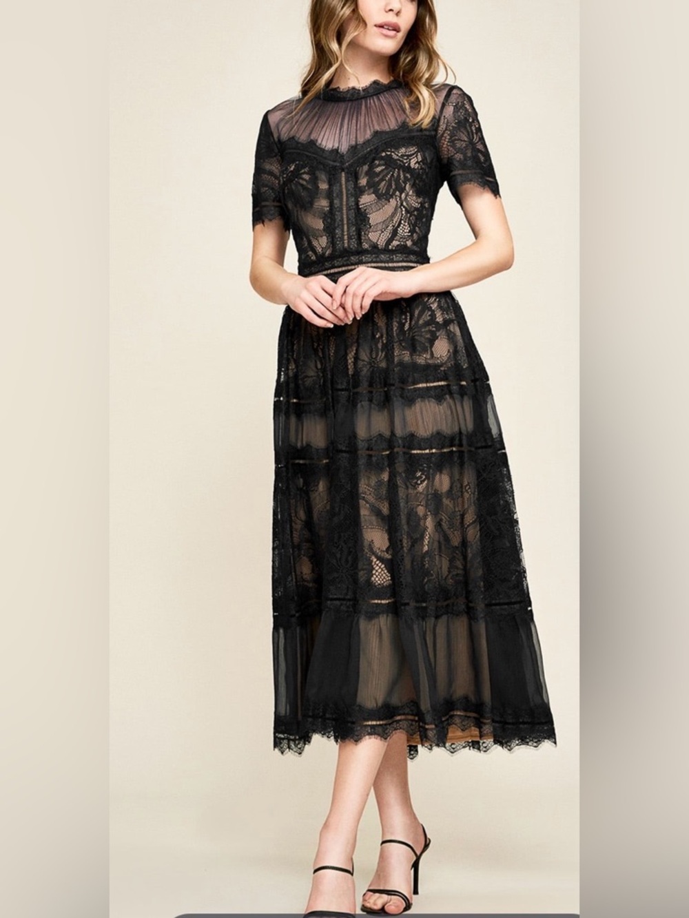 TADASHI SHOJI CAMILLA TEA-LENGTH BLACK LACE DRESS Size 6 - Picture 2 of 12